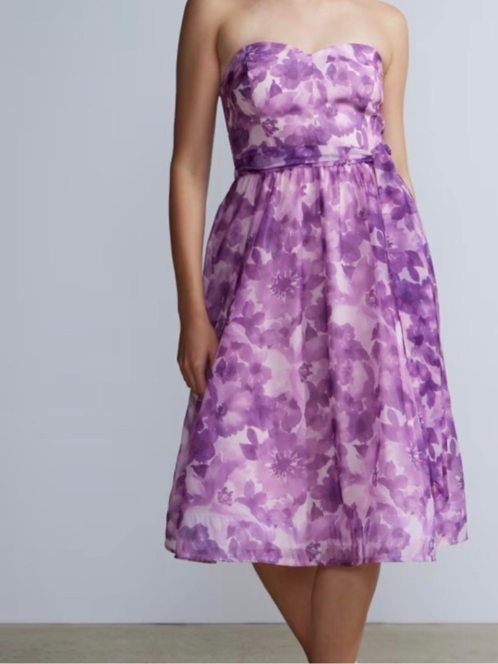 New York & Company Purple Floral Strapless Midi Dress